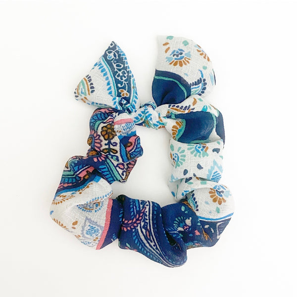 Everyday Blue and White Print Hair Scrunchie Tie with Bow